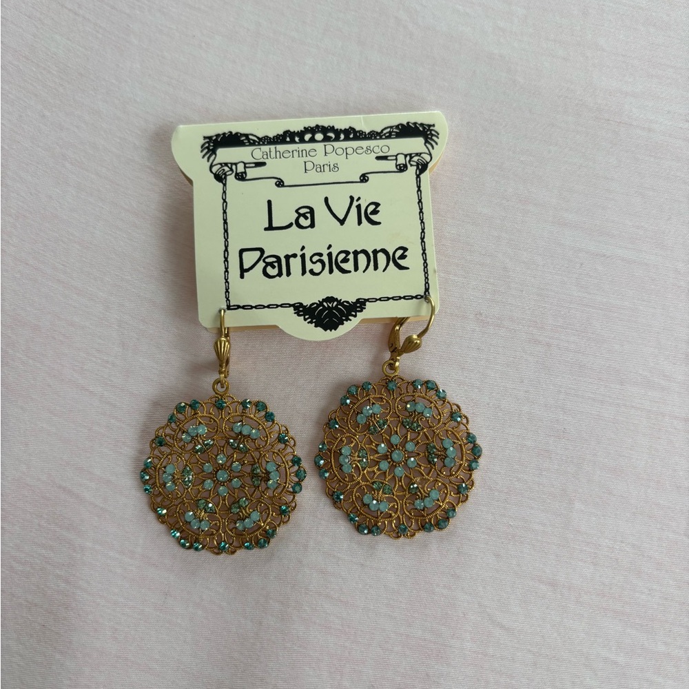 la Vie Parisienne Catherine Popesco Filigree Medallion Gold and Blue Earrings